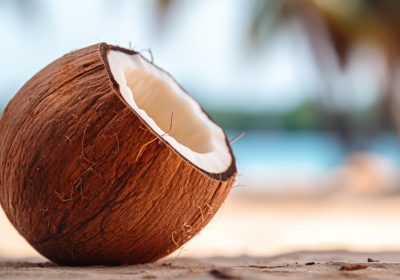 Coconut rests on the sandy beach, a tropical scene of solitude.